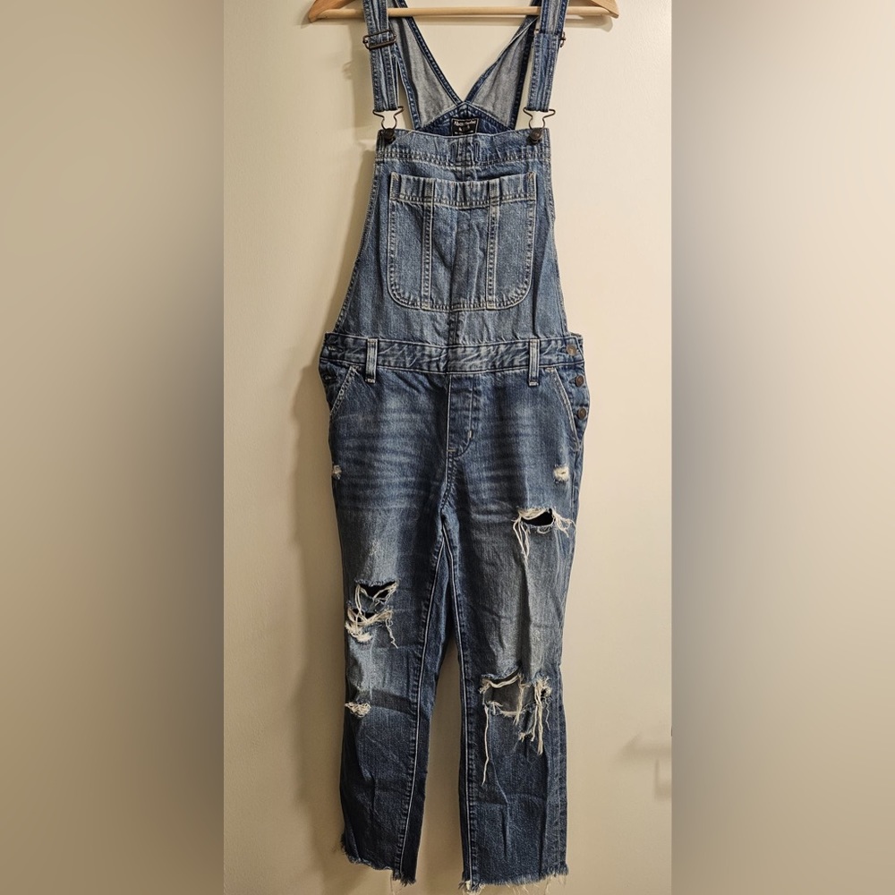 Abercrombie & Fitch Size S Denim Bib Overalls Distressed Crop Work Jumpsuit